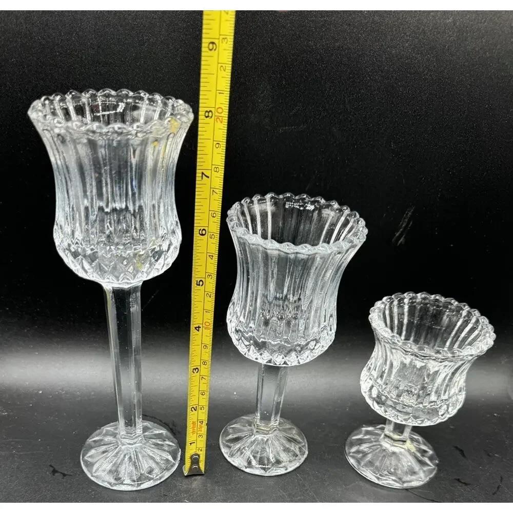 3 Beautiful Home Interiors Candle Holders Matching Clear Cut Glass EUC -A99